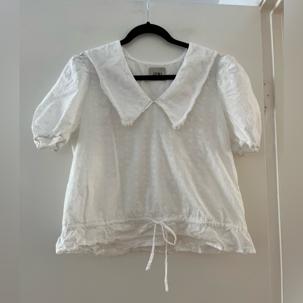 White Eyelet Puff Sleeve Blouse with Peter Pan Collar